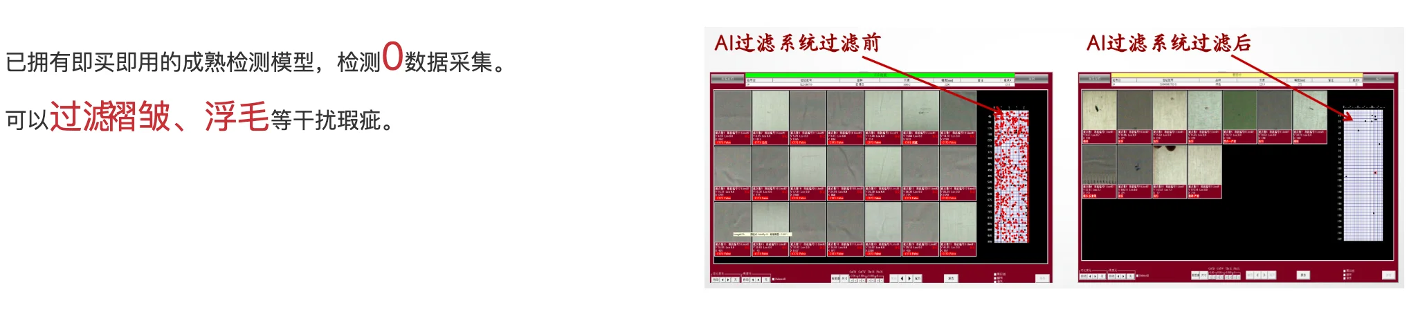 AI过滤系统过滤前后对比：过滤前满屏报警点，过滤后仅剩真实瑕疵标记